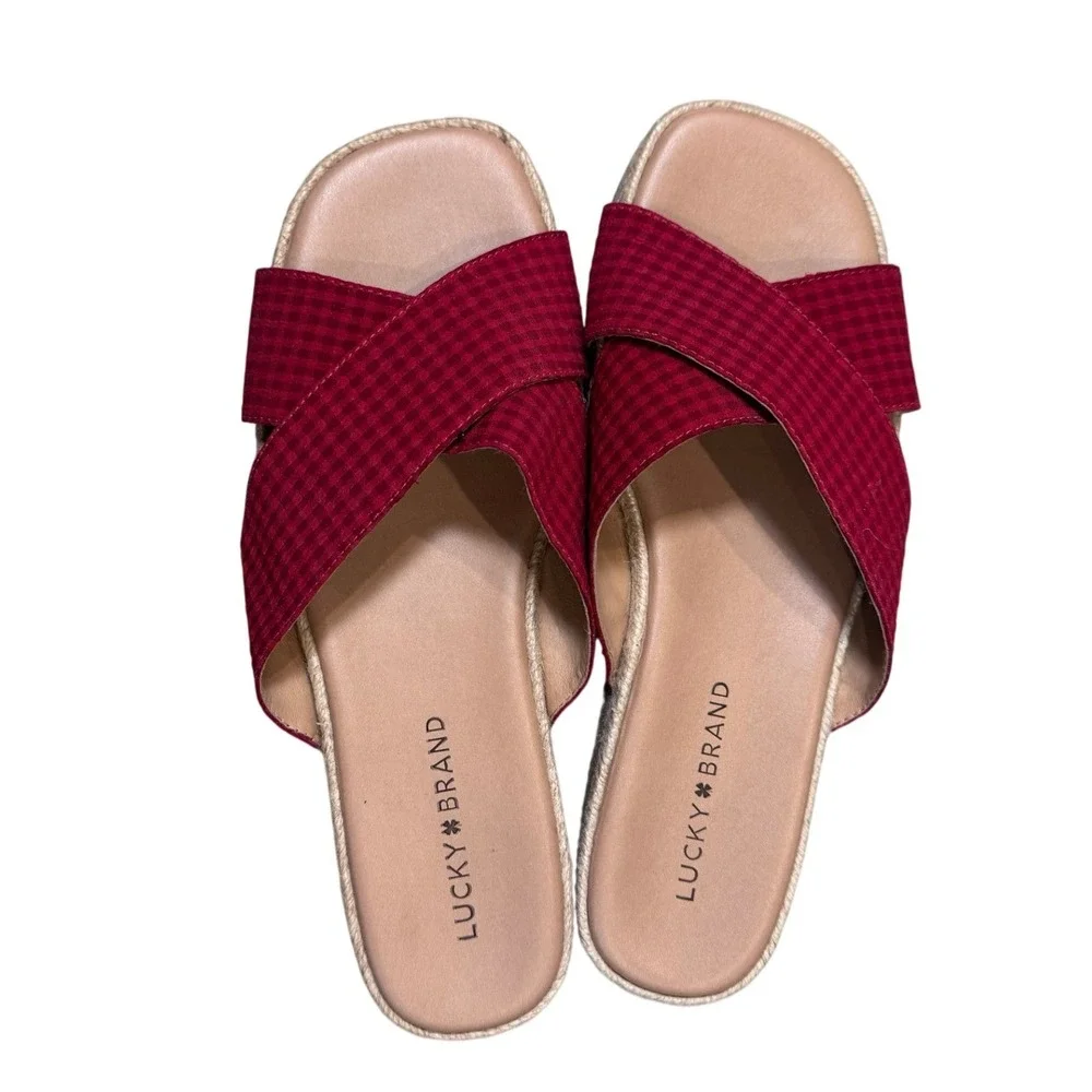 Lucky Brand Gayte Sandals Womens 9M Red Gingham Espadrille Platform Slide